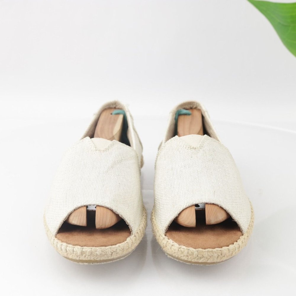 TOMS Women's Alpargata Open Toe Flats Size 7.5 Slip On Beige Linen Boho Shoe - Picture 4 of 13